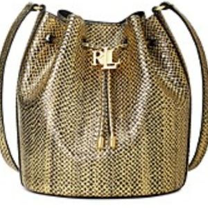 Ralph Lauren Small Andie Drawstring Bag Gold Metallic Python Embossed Leather